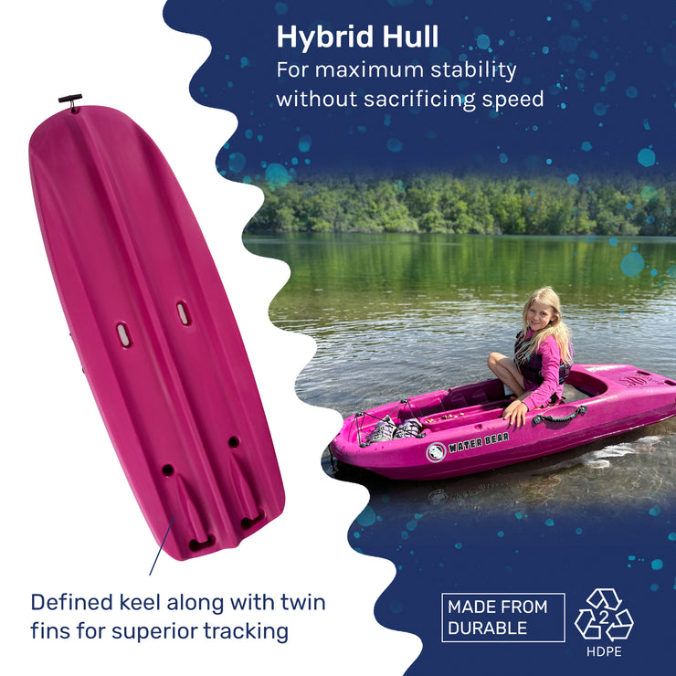 Hybrid Hull, Defined Keel, Twin Fins, Premium kids kayak with paddle included, Features, Carry Handles, Front Storage, Cup Holder, Paddle Rest, Molded Footrest, Treasure Tray, Non-Slip, Seat Pad, Durable, Swim-up Deck, designed for young adventurers to explore waterways safely and comfortably. Youth, WaterSports, SUP 