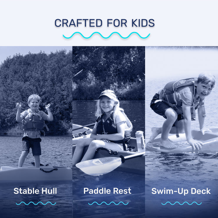 Premium kids kayak with paddle included, Features, Carry Handles, Front Storage, Cup Holder, Paddle Rest, Molded Footrest, Treasure Tray, Non-Slip, Seat Pad, Durable, Swim-up Deck, designed for young adventurers to explore waterways safely and comfortably. Youth, WaterSports, SUP 