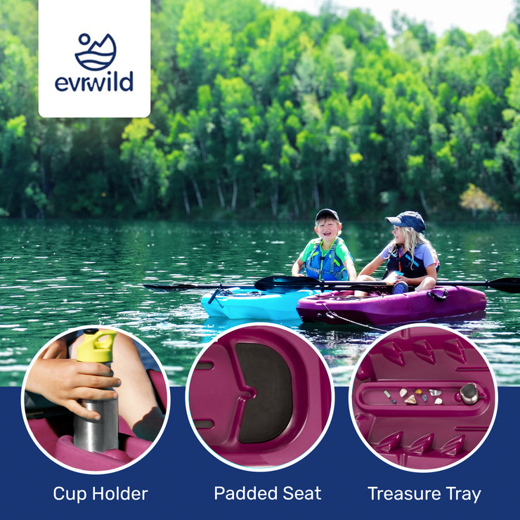 Premium kids kayak with paddle included, Features, Carry Handles, Front Storage, Cup Holder, Paddle Rest, Molded Footrest, Treasure Tray, Non-Slip, Seat Pad, Durable, Swim-up Deck, designed for young adventurers to explore waterways safely and comfortably. Youth, WaterSports, SUP 