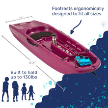 Load image into Gallery viewer, Premium kids kayak with paddle included, Features, Carry Handles, Front Storage, Cup Holder, Paddle Rest, Molded Footrest, Treasure Tray, Non-Slip, Seat Pad, Durable, Swim-up Deck, designed for young adventurers to explore waterways safely and comfortably. Youth, WaterSports, SUP Built for up to 130lbs
