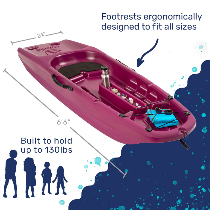 Premium kids kayak with paddle included, Features, Carry Handles, Front Storage, Cup Holder, Paddle Rest, Molded Footrest, Treasure Tray, Non-Slip, Seat Pad, Durable, Swim-up Deck, designed for young adventurers to explore waterways safely and comfortably. Youth, WaterSports, SUP Built for up to 130lbs