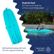 Load image into Gallery viewer, Premium kids kayak with paddle included, Hybrid Hull, Defined Keel, Twin Fins, Superior Tracking, Maximum Stability, Speed, designed for young adventurers to explore waterways safely and comfortably, Youth, WaterSports, SUP
