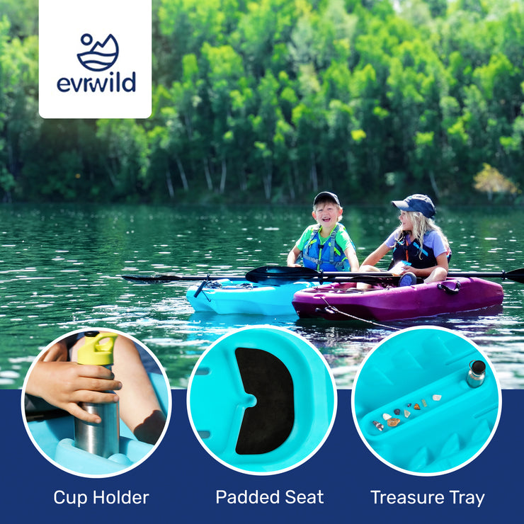 Premium kids kayak with paddle included, designed for young adventurers to explore waterways safely and comfortably. Youth, WaterSports, SUP, Cup Holder, Padded Seat, Treasure Tray, Kid, Child